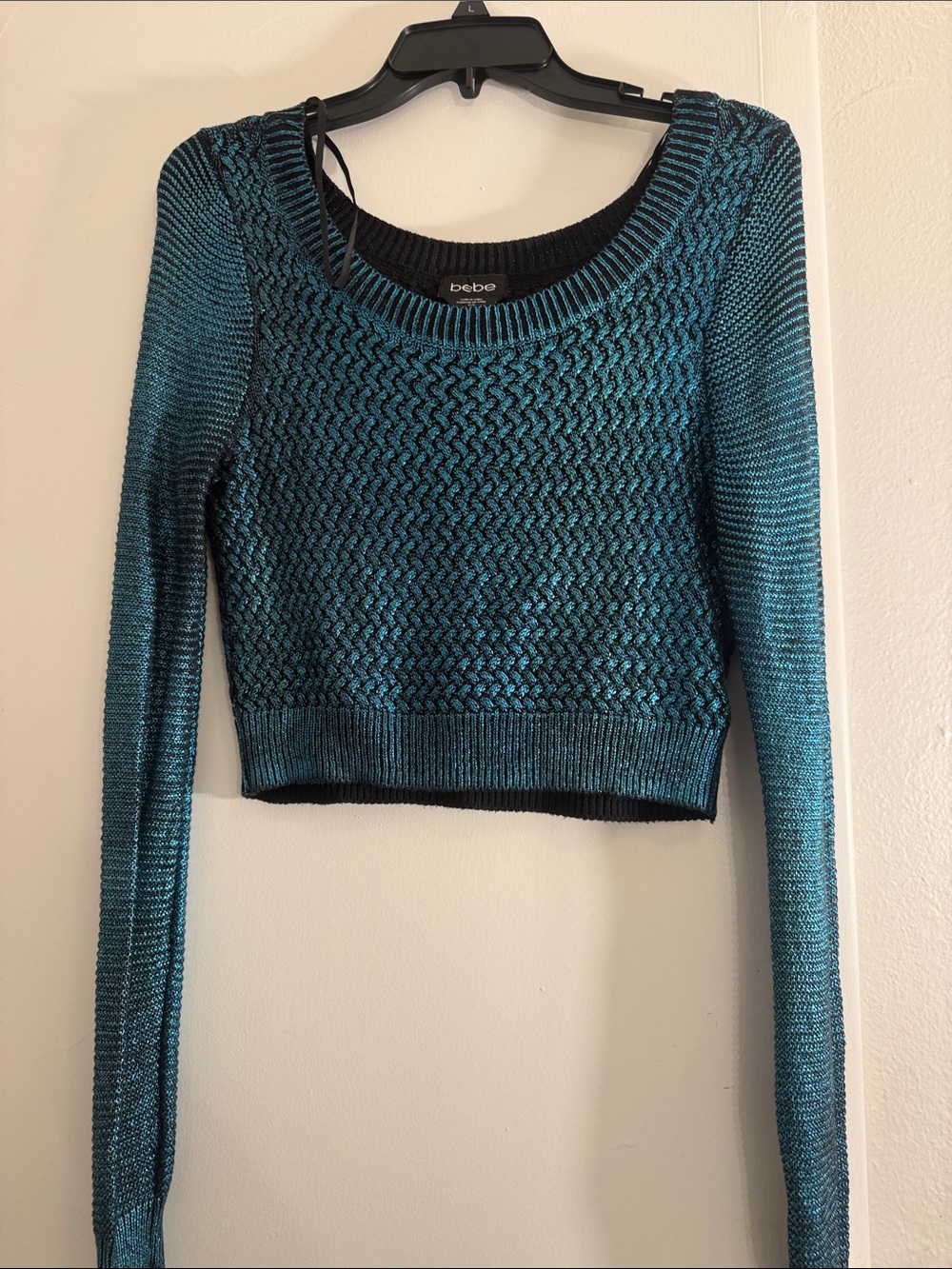 bebe Teal Blue-Green Cropped Knit Sweater